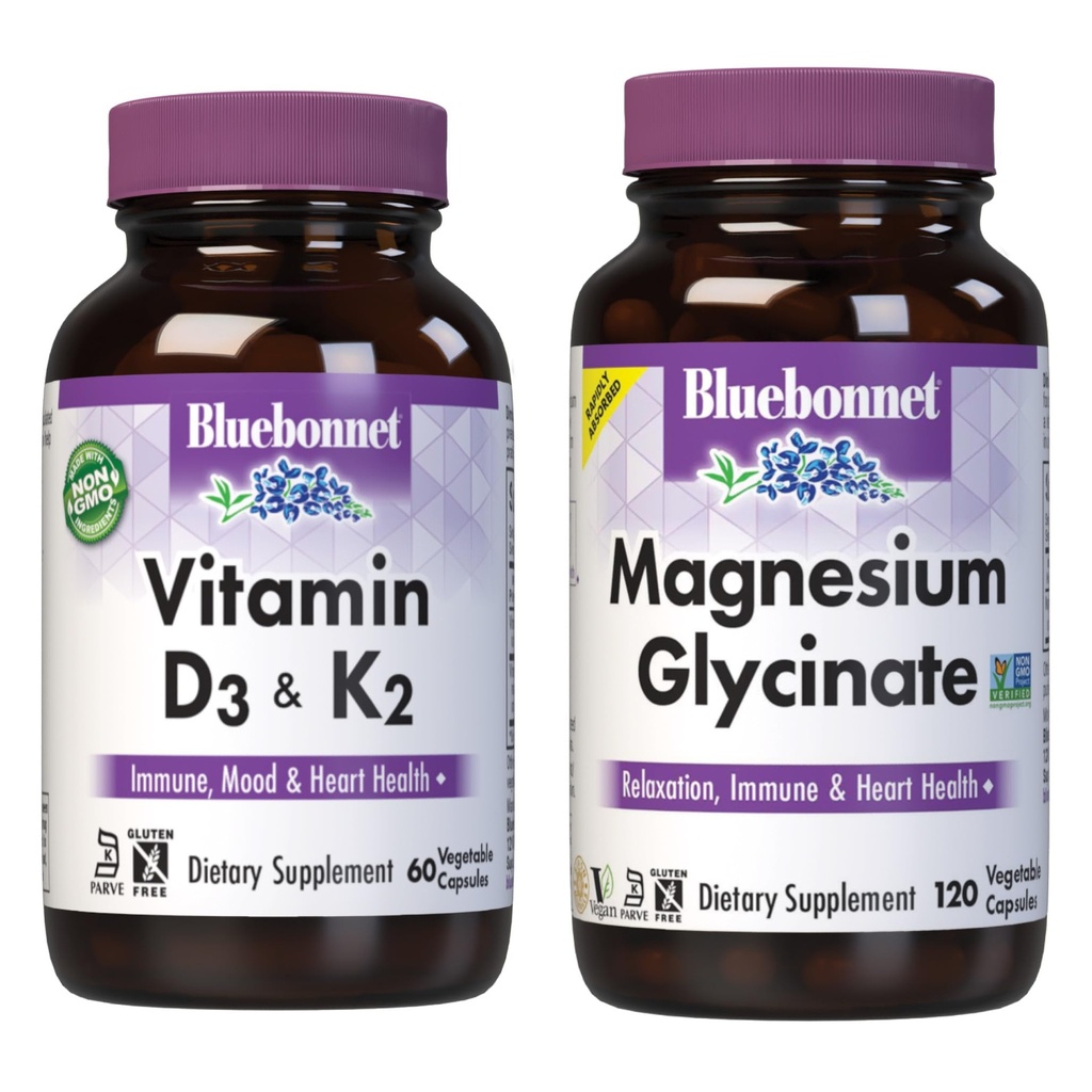 BlueBonnet Nutrition Witamina D3 i K2 oraz Glicynian magnezu Kapsułki roślinne