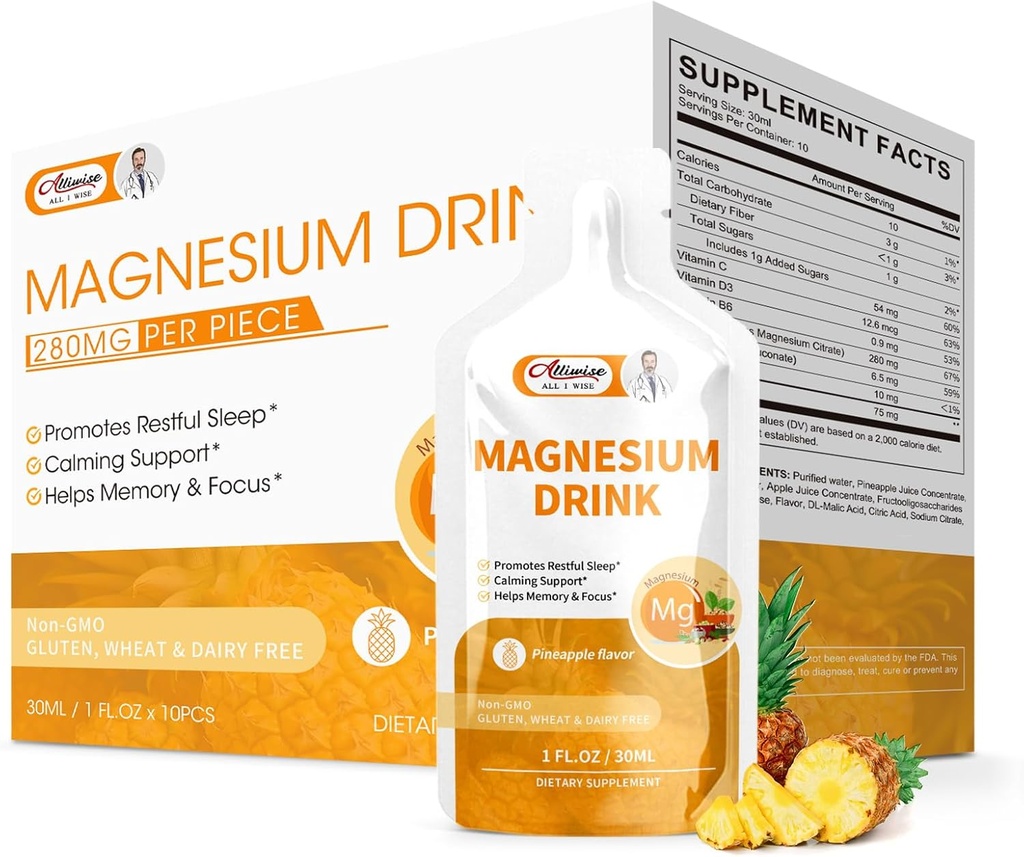 Magnezu Cytrynian Płynny Napoje Magnezu Roztwór doustny z witaminą, Cynk i Bromelaina sodowa, Podstawowe uzupełnienie magnezu Wsparcie immunologiczne, Bone Health i Zzz, Flavor ananasowy, 10 Fl Oz