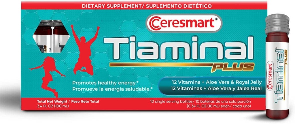 Ceresmart Tiaminal Plus Multivitamin dla kobiet i mężczyzn - 10 x Pojedynczy Podawany Vials Liquid Multivitamin Dietetyczny Suplement - Energy Boost witaminy Suplementy z Aloe Vera, Royal Jelly