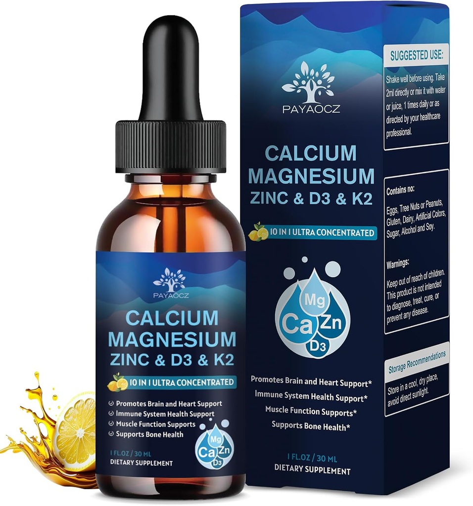 (4 opakowania) 10 w 1 suplemencie wapnia magnezu cynku, Magnezu glicynian złożone krople płynne z witaminą D3 K2 B6, Wegański cytrynian wapnia kości i immunologicznego wsparcia zdrowia, Sleep & Cramps, Bor, 1 Fl Oz