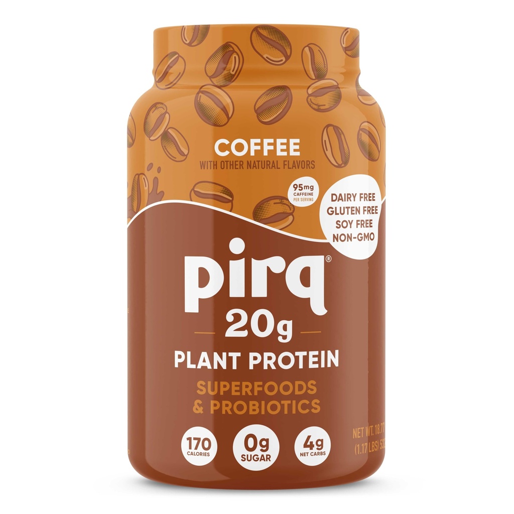 Pirq Dairy Free Protein Powder with 20g Protein, Plant Based, 2B CFU Probiotics, 25 Superfoods Greens and Fruits, Vegan, 0g Sugar (14 Servings)(Coffee)