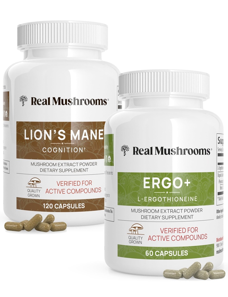 Ergotioneine (60ct) i Lions Mane (120ct) Bundle with Shiitake and Oyster Mushroom Extracts - Longevity and Cognition - Vegan, Gluten Free, Non-GMO