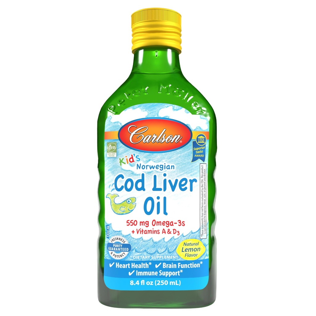 Carlson - olej z wątroby z dorsza, 550 mg Omega- 3, witaminy A & D3, Wild Norwegian, Lemon, 250 ml