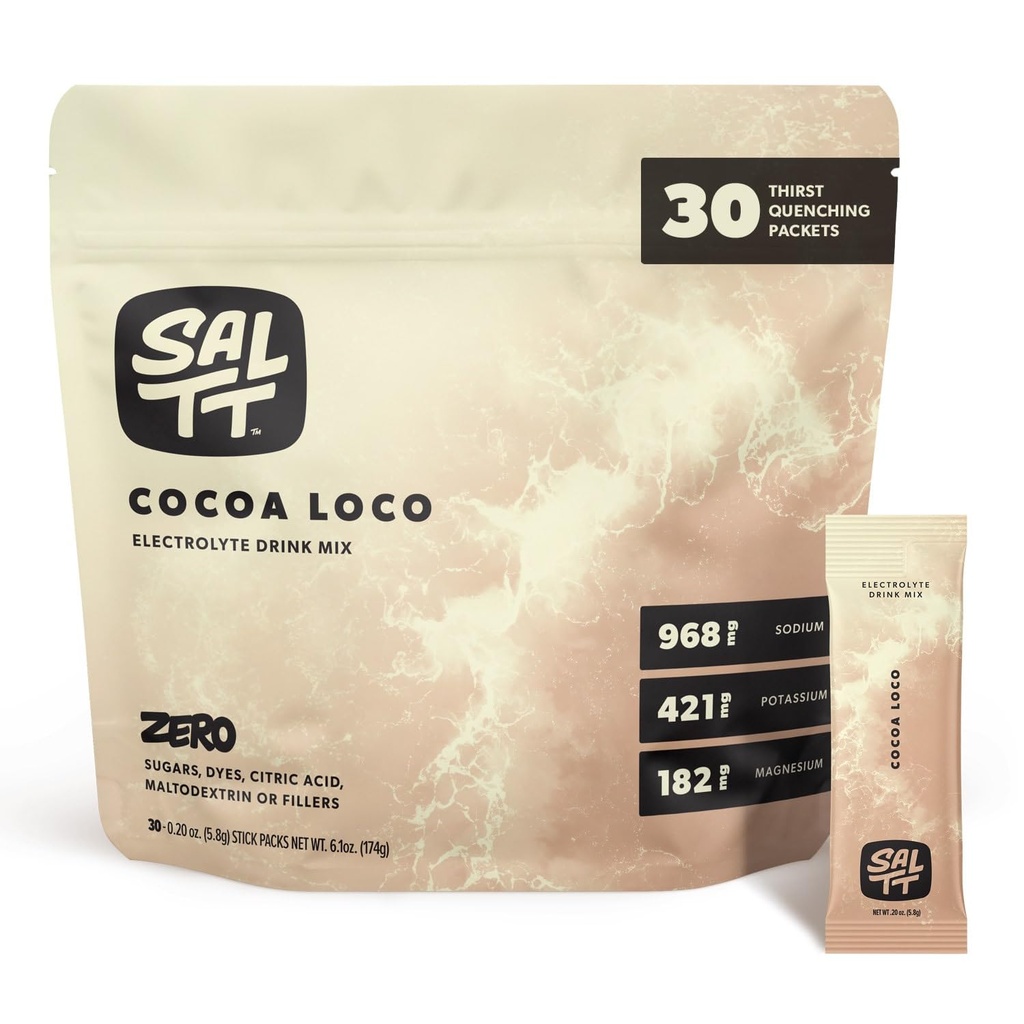 SALTT Electrolytes Proszek Drink Mix - Cocoa Loco - 30 Pakiety nawadniające - Magnez, Potas, Sód, Minerały śladowe - Zero Sugar & Gluten Free - Travel Essentials