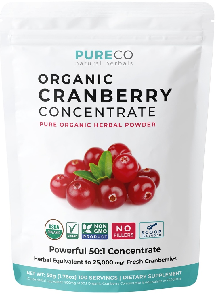 USDA Organic Cranberry Concentrat (50: 1) Proszek - 500mg jest odpowiednikiem 25,000 mg świeżej żurawiny - dla Nerki Cleanse & UTI Wsparcie witaminy - Kobiety - Suplement - 100 Słupki - Brak pigułek