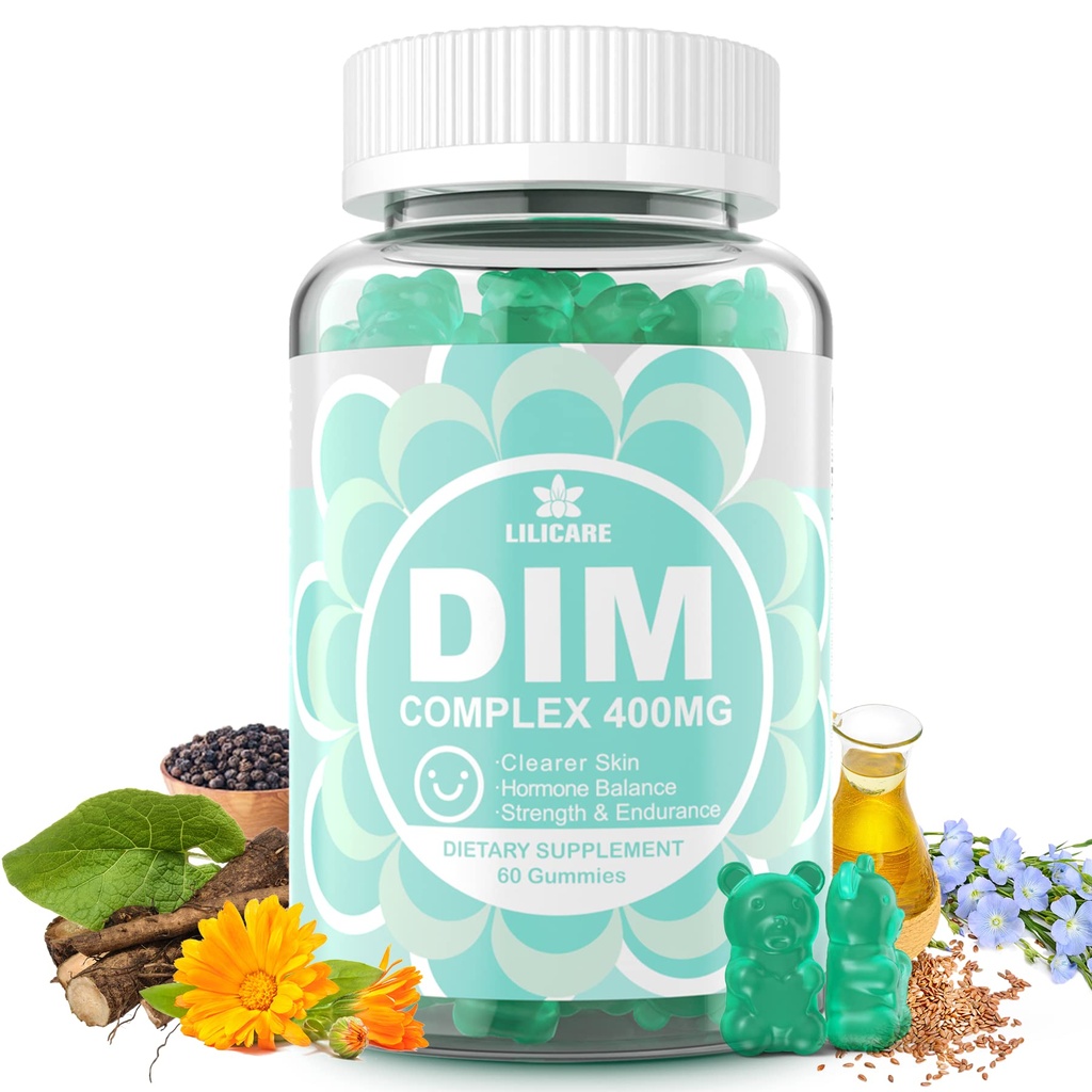 Suplement DIM Kobiety 400mg, Suplement Estrogenowy dla Kobiet, Bezcukrowe Gummeje DIM dla mężczyzn i kobiet w / Biotin, Olej lniany, Burdock, Calendula, BioPerine dla równowagi hormonalnej, Menopauza i Prostate 60Cts