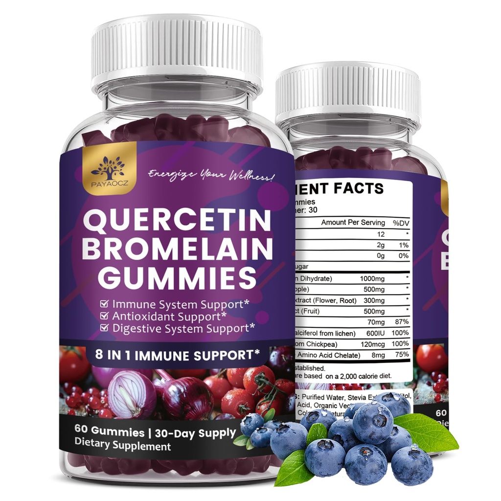 (2 opakowania) Gumiaki kwercetyny z bromelainą Cynk Witamina elderberry C D3 K2, Quercetin 1000mg Suplement z bromelainem 500 mg dla układu sercowo-naczyniowego, układu immunologicznego i alergii, guma wegańska dla dorosłych i dzieci