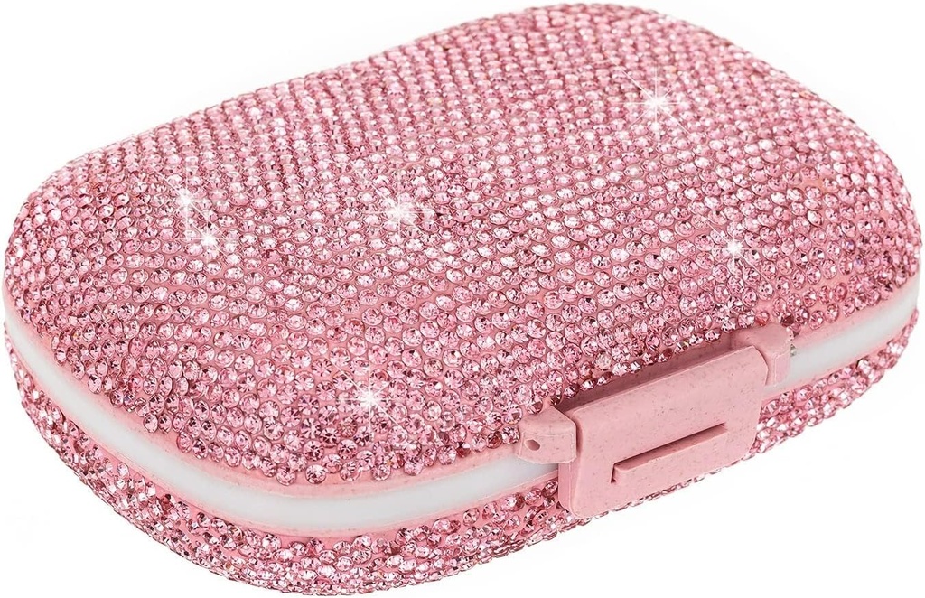 Cute Pill Organizer Small Bling Pill Case for Purse Medicine Vitain Container Daily Pill Box Container for Women Travel Medicine Kit (Pink)