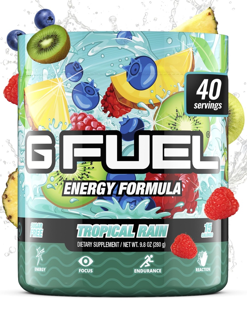 G Paliwo Tropical Rain Energy Drink Proszek, Wstępny trening kofeiny do gier, bezcukrowy Amino, Witamina + Przeciwutleniacze, 9.8oz (Owoce Medley, 40 Służenie)