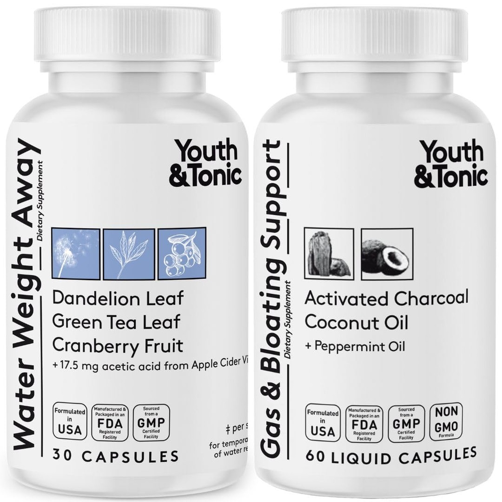 Waga wodna Away & Gas and Bloating - Diuretic & Charcoal Pills for Bloating Relief - Wsparcie dla zatrzymywania wody, Obrzęk Nogi i Bloating - Peppermint & Coconut Oil - 90 Pigułki