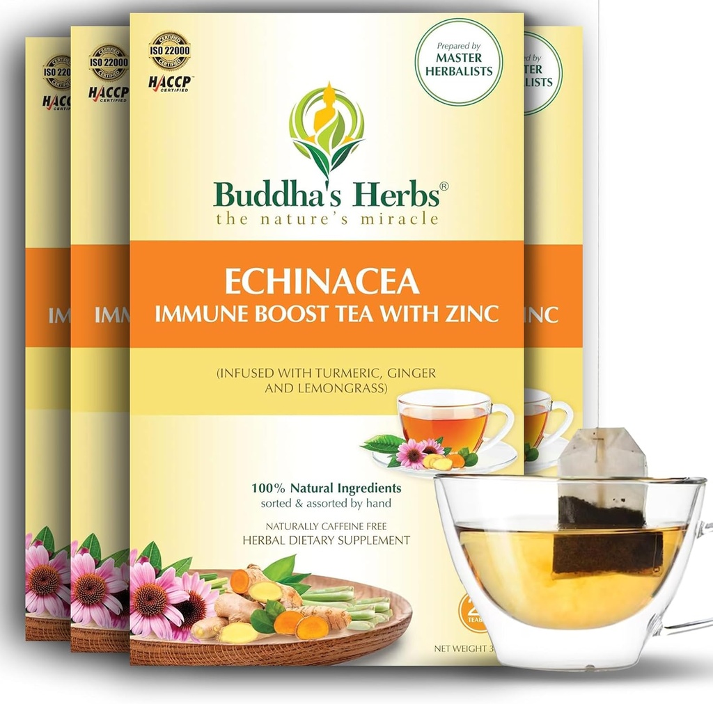 Premium Echinacea Tea z cynku (Paczka 4, 88 Tea Bags) - Odkofeinowana zdrowa herbata dla immunologicznego zdrowia - Organic Herbal Herbatki w / Naturalne składniki - Idealne prezenty herbaty dla miłośników herbaty