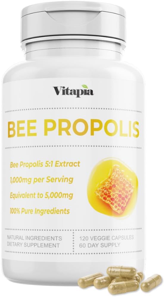 Bee Propolis Extract kapsułki 1000mg Suplement do wsparcia immunologicznego, Witalność, Zdrowie skóry - Pothent Polifenole, Flavanoids, Przeciwutleniacze - 120 Count, Non-GMO, Gluten- Free