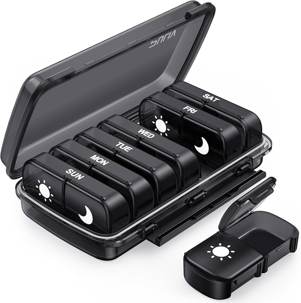PulIV Cotygodniowy Pill Organizator 7 dzień 2 razy dziennie, Black Damp- Dowód AM PM Pill Box 7 dzień, Pill Case z przenośnym designem, Duży Organizator Medycyny dla Witamin, Leki, Oleje rybne, Suplementy