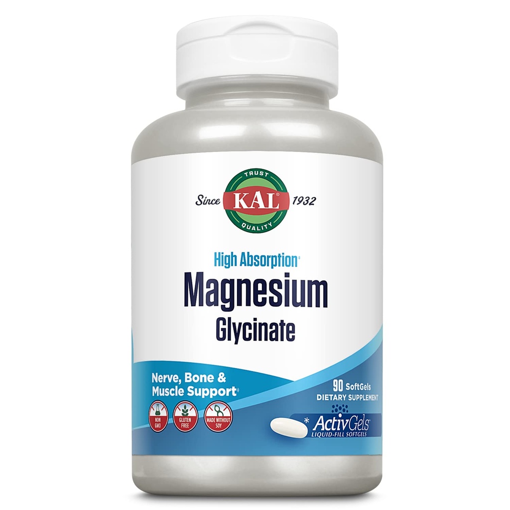 KAL Magnezu Glycinate ActivGels 315mg, Wysoka Absorpcja Suplement magnezu dla mięśni, Nerve & Bone Health Support, Non- GMO, Gluten Free, 30 Służenia, 90 Softgels