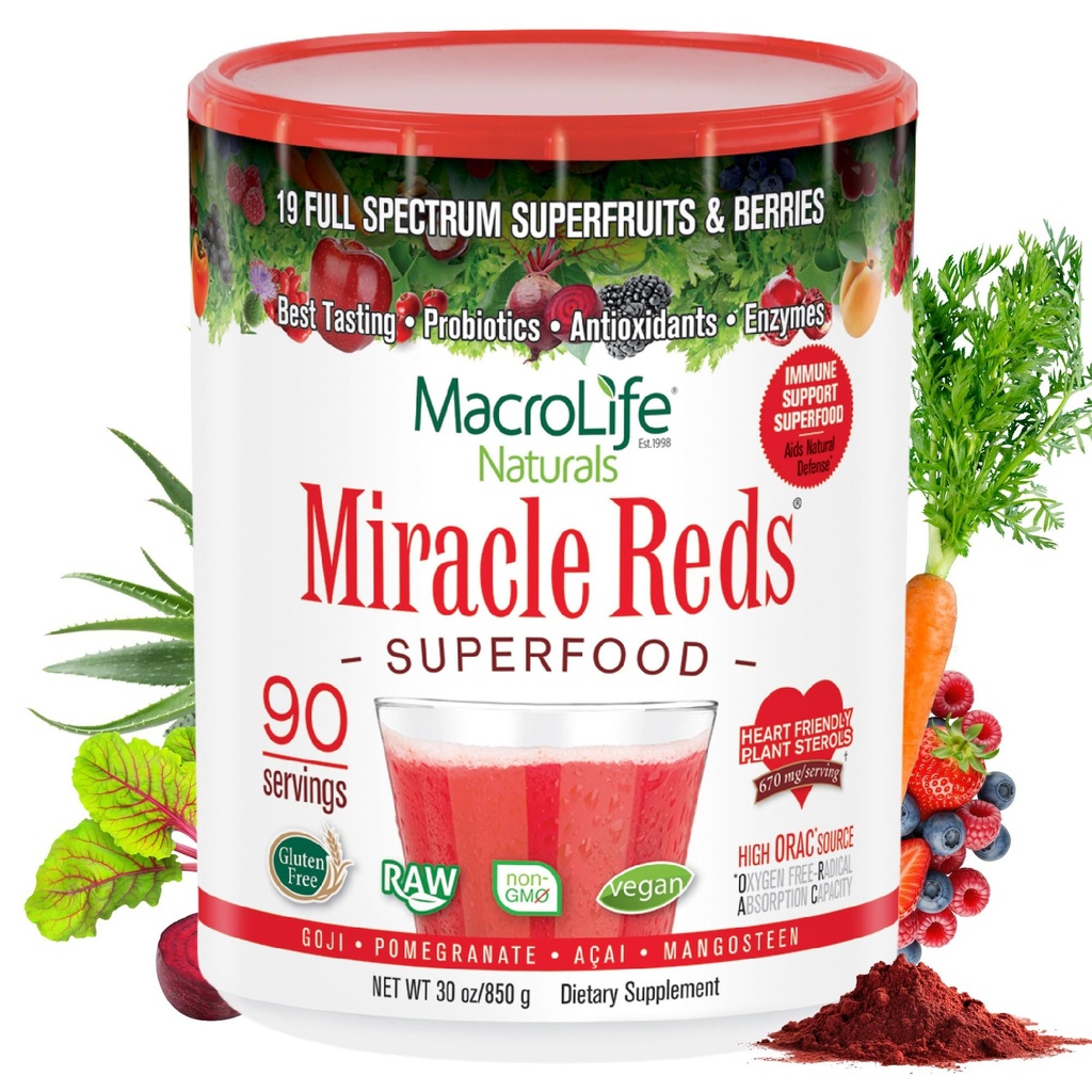 MacroLife Naturals Cud czerwieni Superfood Suplement Proszek Przeciwutleniacze Polifenole Enzymy Probiotyki - Surowy Non-GMO Organic Vegan Gluten & Dairy Free - 30oz (90 Służenia) 30oz