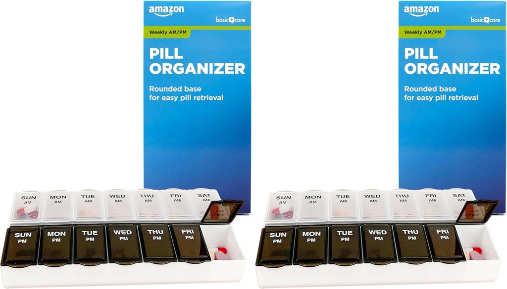 Basic Care (7- Day) AM / PM Pill Organizer, Witamina Case, i Medicine Box, duże kompozycje, 2 razy dziennie, czarne i jasne lipy (Opakowanie 2)