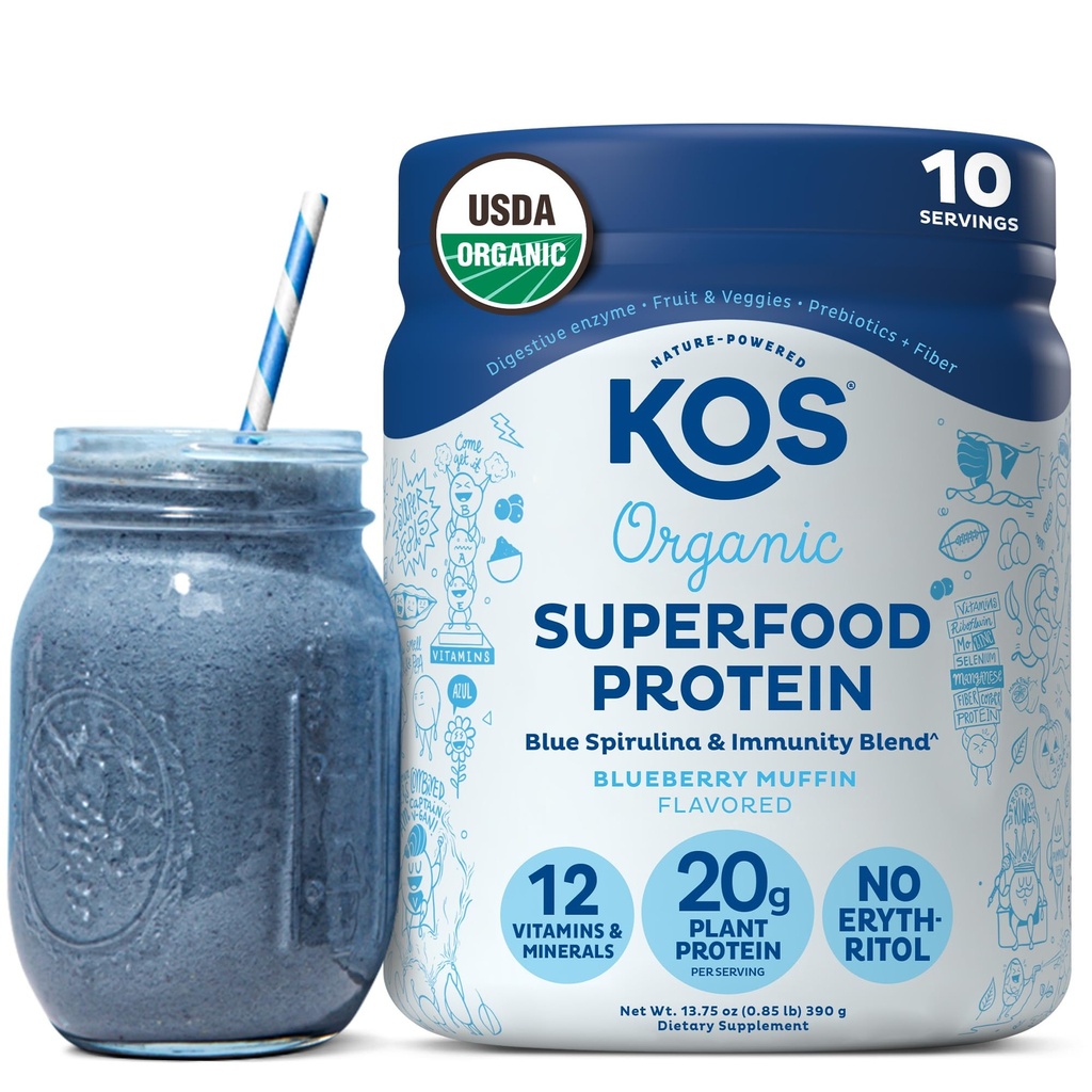 KOS Plant Based Protein Powder, Blueberry Muffin - Organic Pea Protein Superfood with Spirulina and Immune Support Blend. Soy, Gluten, Dairy Free - Vegan Meal Replacement for Women & Men - 10 Servings