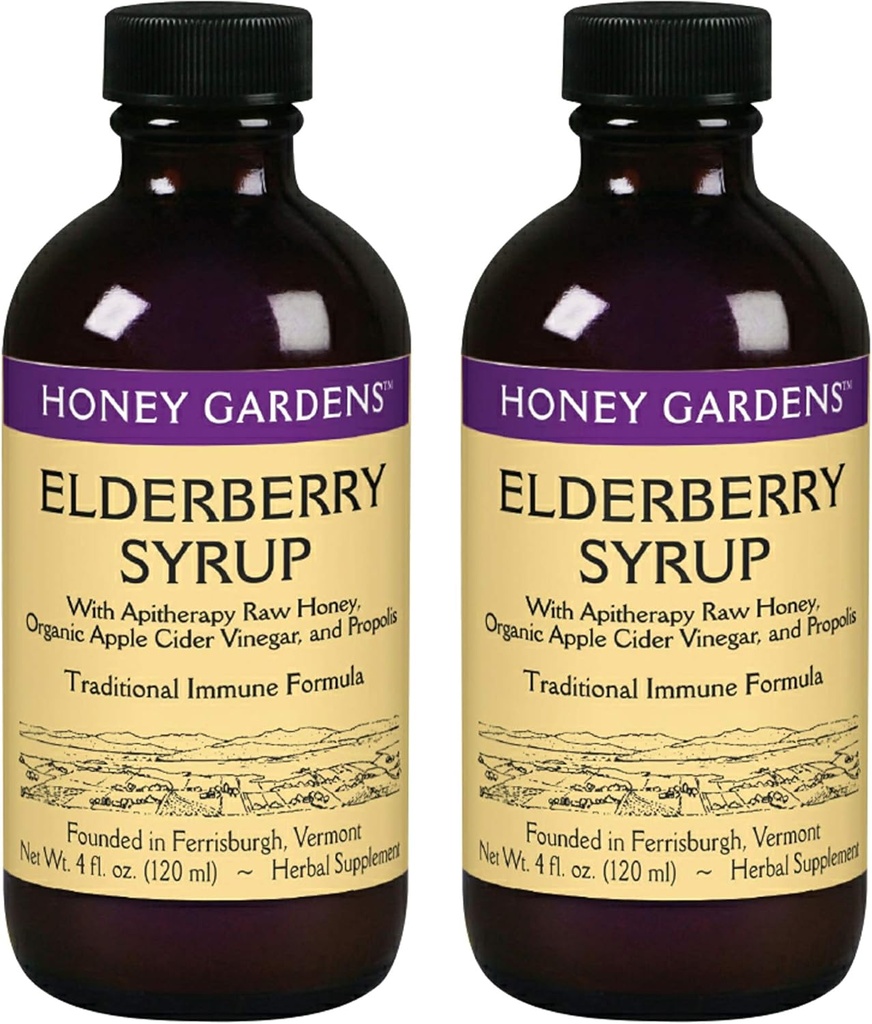 Honey Gardens Elderberry Syrop z surowym miodem klasy A, Propolis, Organic ACV & Elderberry Breath 124; Tradycyjna formuła immunologiczna w / Echinacea Nether124; Made in The USA (4oz, 2pk)