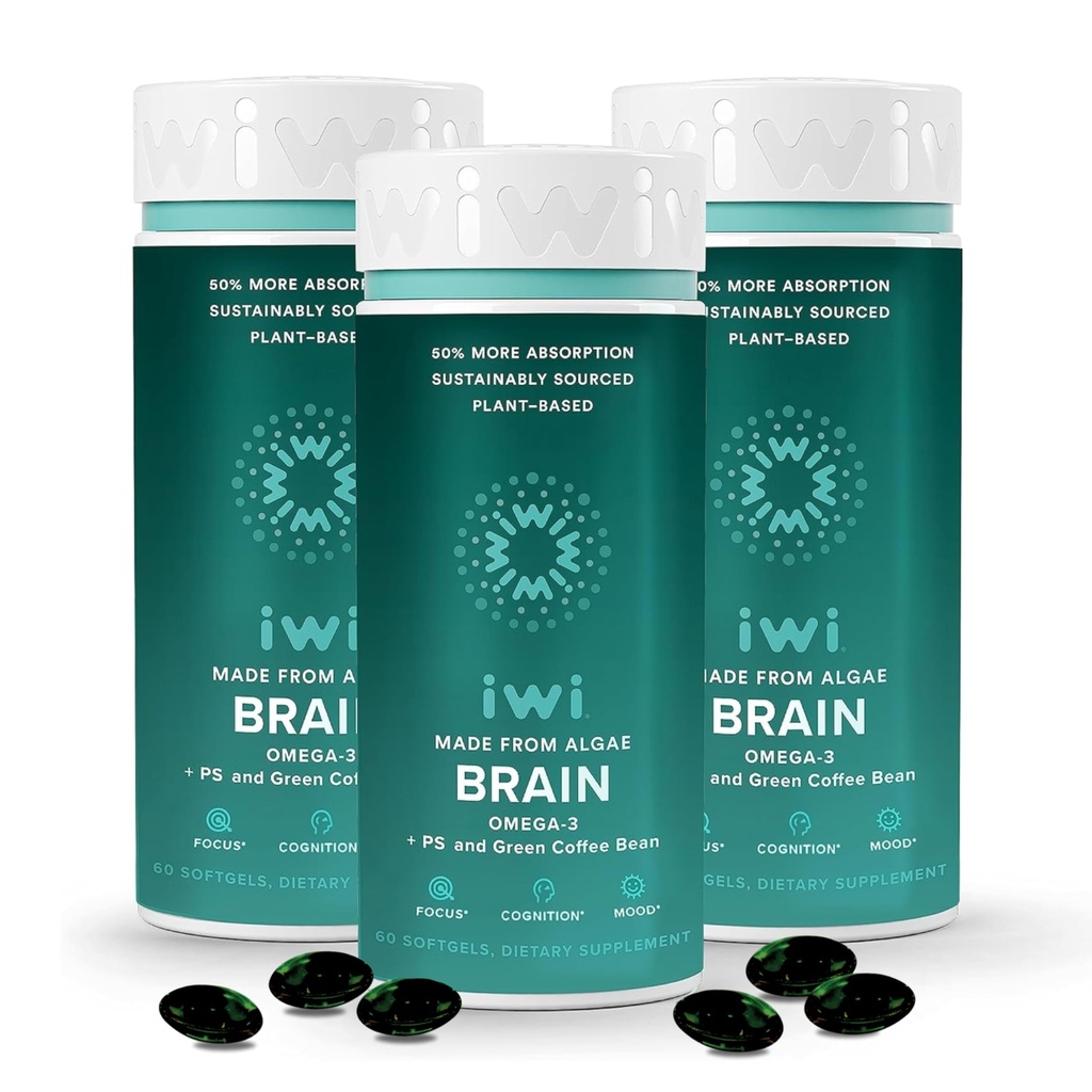 iwi life Brain Omega-3, 180 Softgels (90 Servings), Vegan Plant- Algae Omega-3 z EPA + DHA, Focus, Pamięć i Mood Support Dietary Supplement, Kryll & Fish Oil Alternative, No Fishy Aftertaste