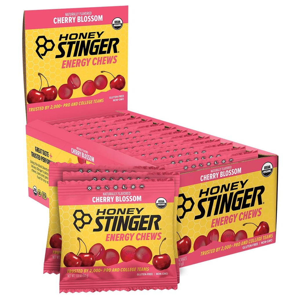 Honey Stinger Organic Cherry Blossom Energy Chew, Gluten Free & Kofeina Free, do ćwiczeń, Bieganie i wydajność, Sport Nutrition for Home & Gym, Przed i w połowie treningu, 12 Pack, 21.6 unce