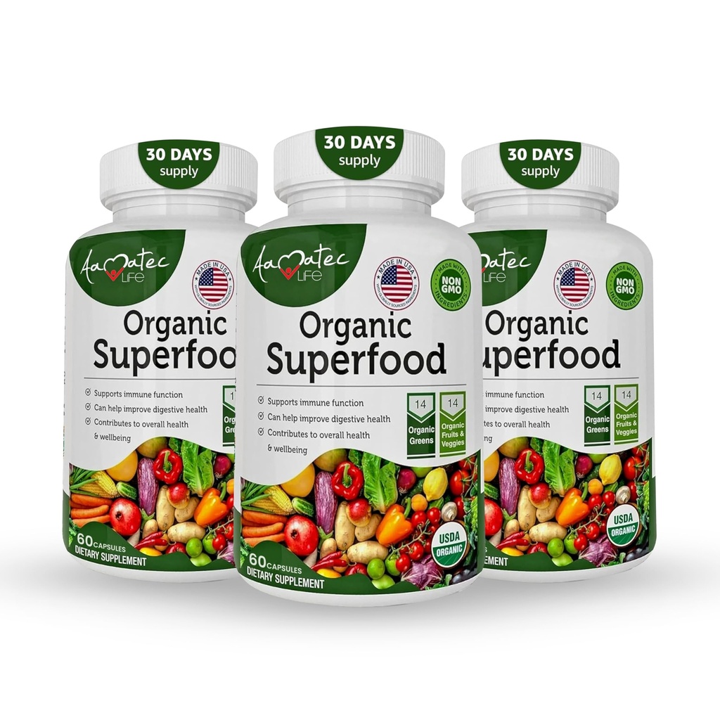 Organic Superfood Greens Fruits and Vegegies Complex - Best Dietary Supplement with 14 Greens & 14 Fruits & Vegetables with Alfalfa Rich in Antioksydants Organic Ingredients Non-GMO (180 Count Pack of 3)