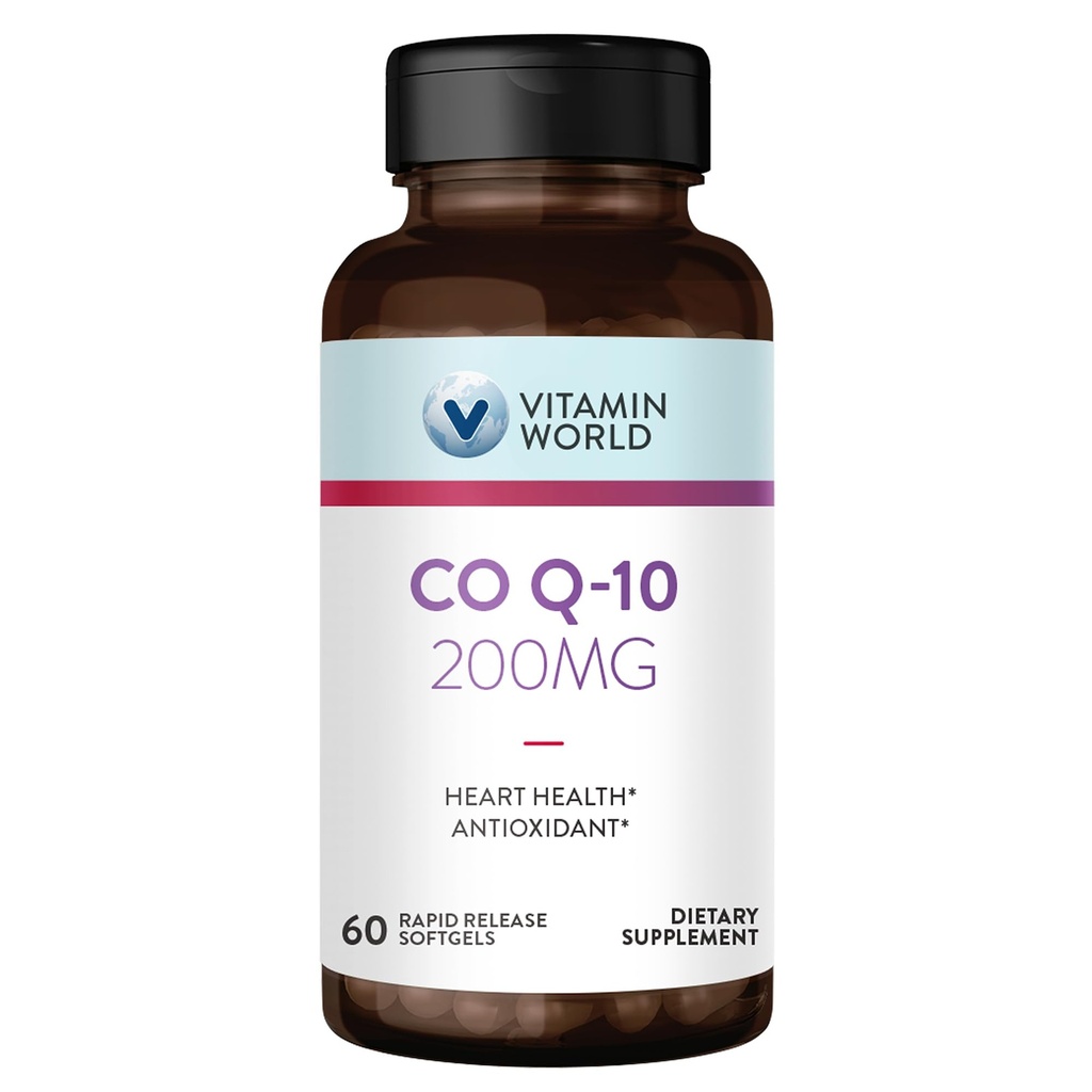 Witamina World CoQ10 200 mg Softgels, Koenzym Q10 Suplementy do wsparcia przeciwutleniającego, Heart Health & Energy Production, Gluten Free, 60 Softgels szybkiego uwalniania