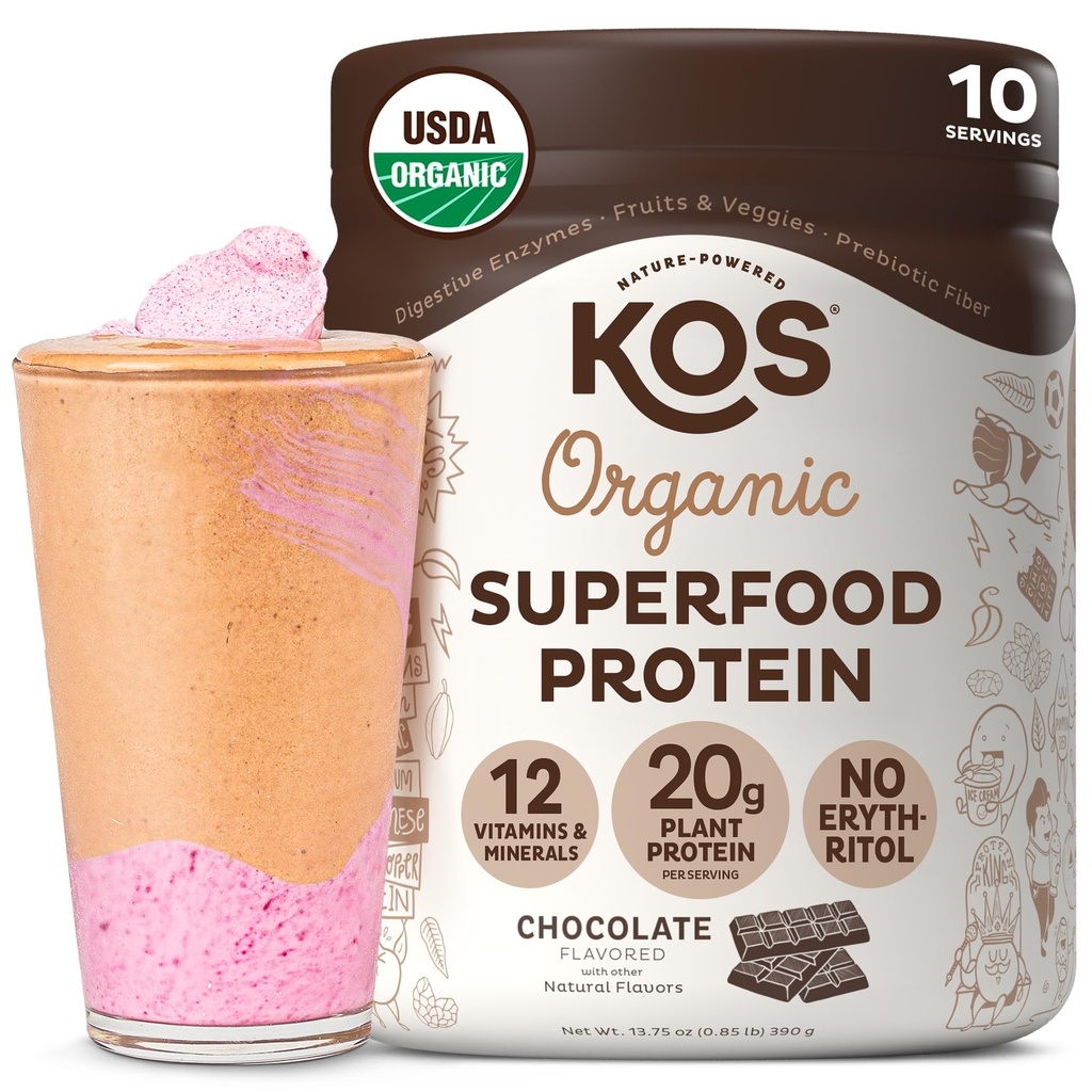 KOS Vegan Protein Powder, Czekolada USDA Organic - Niski mieszanka białka grochu, Superfood roślin z witamin i minerałów - Keto, Soy, Gluten Free - Meal Replacement for Women & Men - 10 Służenie