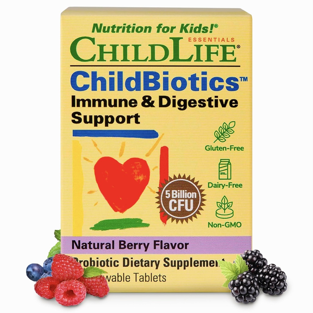 ZARZĄDZANIE DZIEĆMI KiddBiotics Immune & Digestive Support - Dzieci Probiotyczne, Probiotyki dla dzieci & Toddlers, Dzieci Żniwa Probiotyk dla Gut Health - Natural Berry, 30 Tabletki do żucia