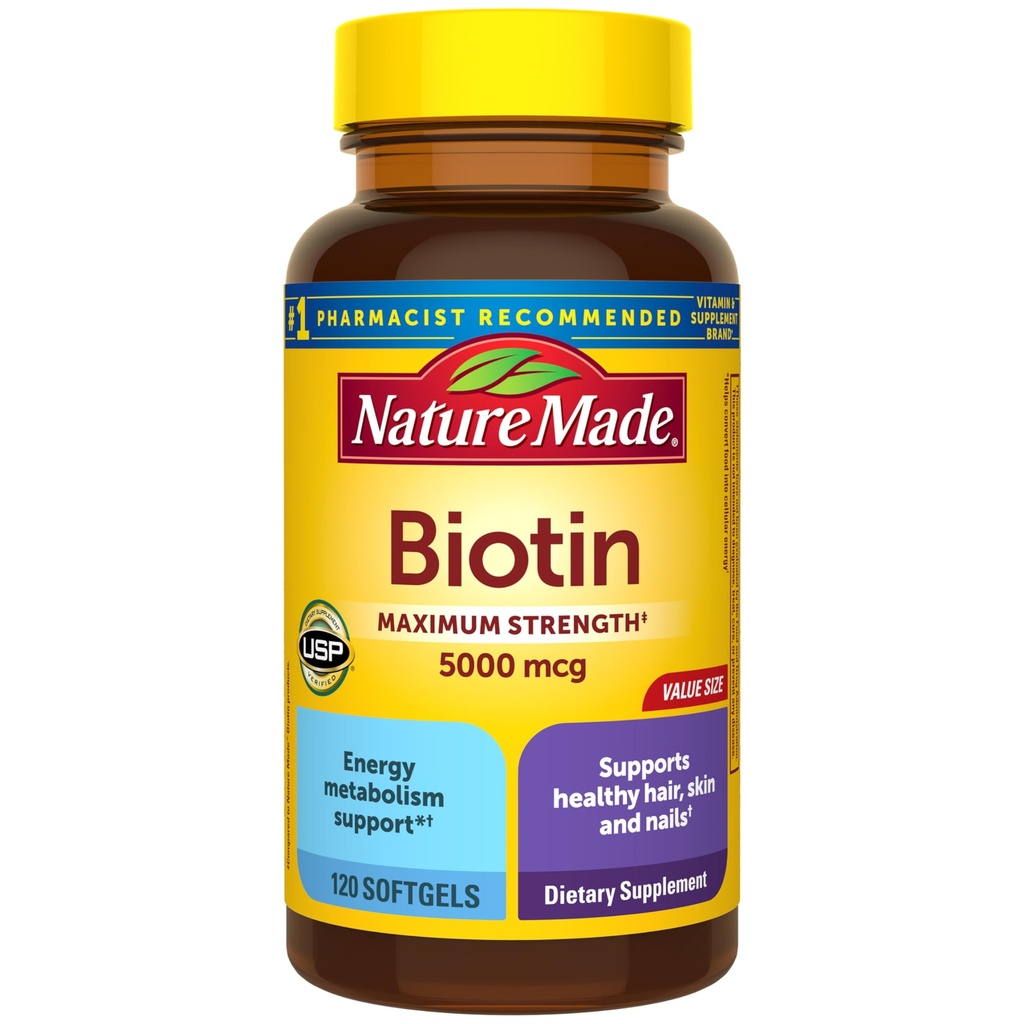 Nature Made Maximum Strength Biotin 5000 µg Softgels, Biotin Hair Skin and Nails Vitamin Dietetyczny Suplement, 120 Count