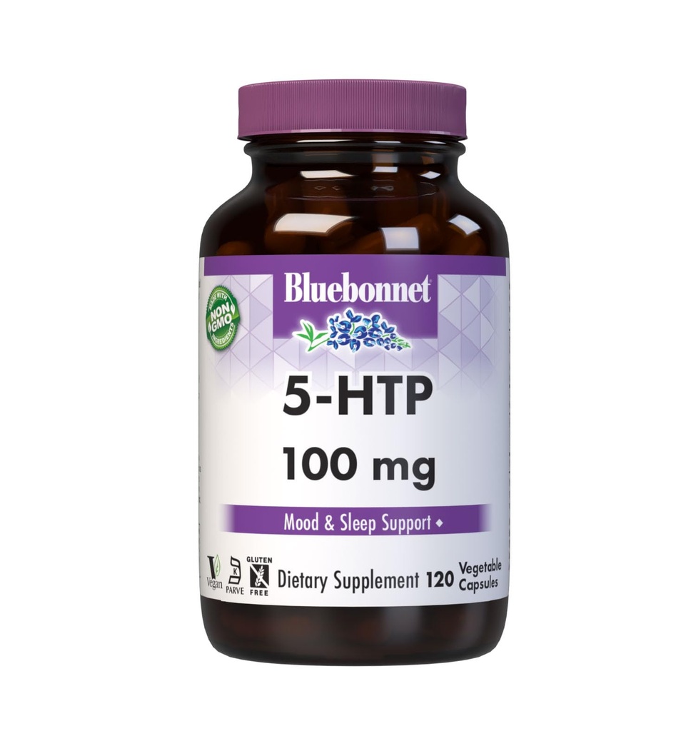 Bluebonnet Nutrition 5- HTP (Hydroxytrypophan) 100mg, dla Neurotransmiter Support *, Supports positive Mood *, Soy- Free, Gluten- Free, Non-GMO, Kosher Certified, Wegan, Biały, 120 Kapsułki roślinne