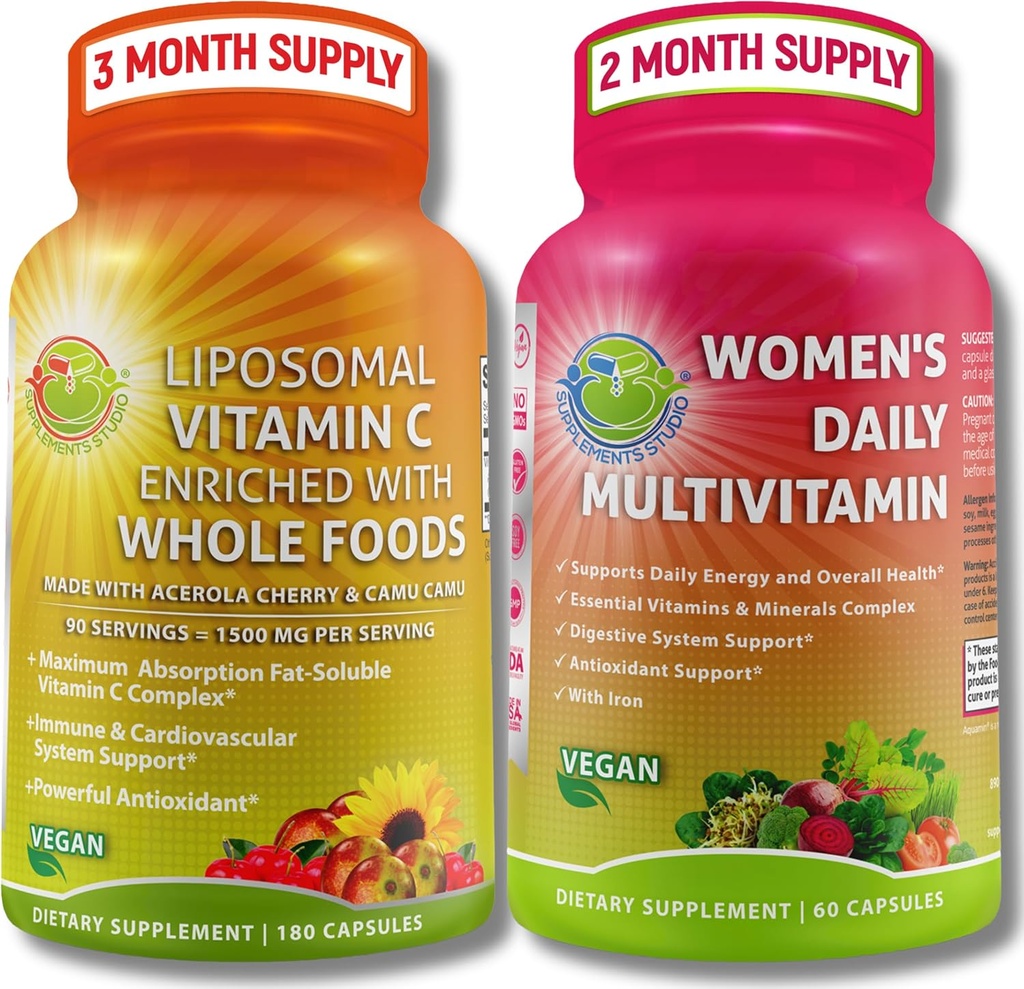 Antyoksydant & Immunity Support Bundle - Liposomalna witamina C 1500mg z organiczną acerolą Cherry & Camu Camu + Daily Multivitamin z żelazem, Superfoods, Probiotyki i Enzymy - Wegan, Non-GMO