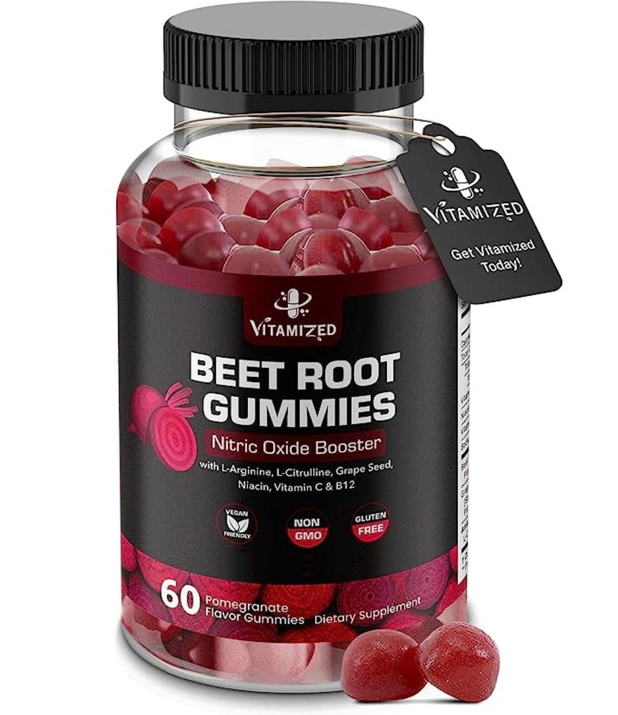 Gummie korzeniowe buraków - Super Nitric Oxide Beets Supplement - Red Beetroot Heart Chews with Grape Seed Power & B12 - Pomegranat Flavor, 60 Chewables Beets