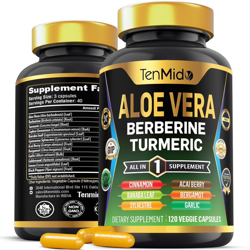 Aloe Vera suplement kapsułki - 12in1 Formuła - Połącz z Berberine, Turmeric, Ceylon Cynamon, Banaba Leaf, Gymnema Sylvestre, Acai Berry, Bergamot, Czosnek i więcej - 120 Kapsułki