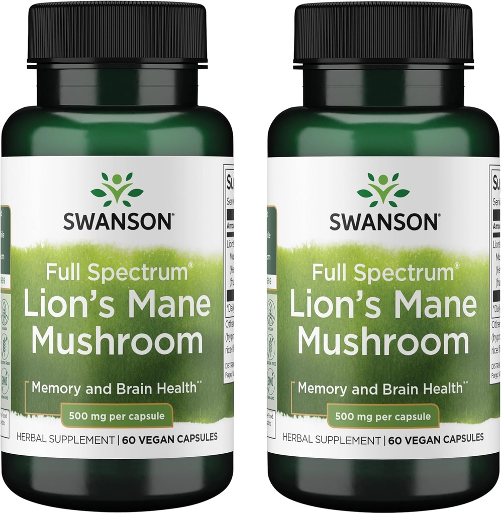 Swanson Full Spectrum Lion 's Mane Mushroom - Brain Health Supplement to Support Memory, Focus & Clarity * - May Also Aid Immune, Heart & Digestive Health - Gluten- Free & Non-GMO - 60 kapsułki (2 opakowania)