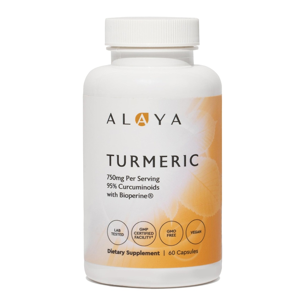 Alaya Naturals Turmeric Curcumin Supplement with BioPerine - 750mg Per Serving, 95% Curcumin Extract Turmeric Capsules for Joint Comfort, Mobilność & Wchłanianie - Non-GMO, Vegan, Lab Tested