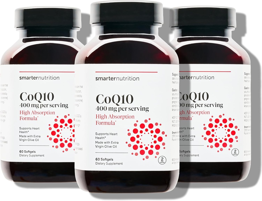 SMARTERNUTRITION CoQ10 400 mg Wysoka absorpcja - naturalnie fermentowany Ubichinon w / Organic Cold- Pressed Olive Oil - for Heart Health, Energy Cellular - Non-GMO, Gluten Free - 180 Count [90- Day Supply]