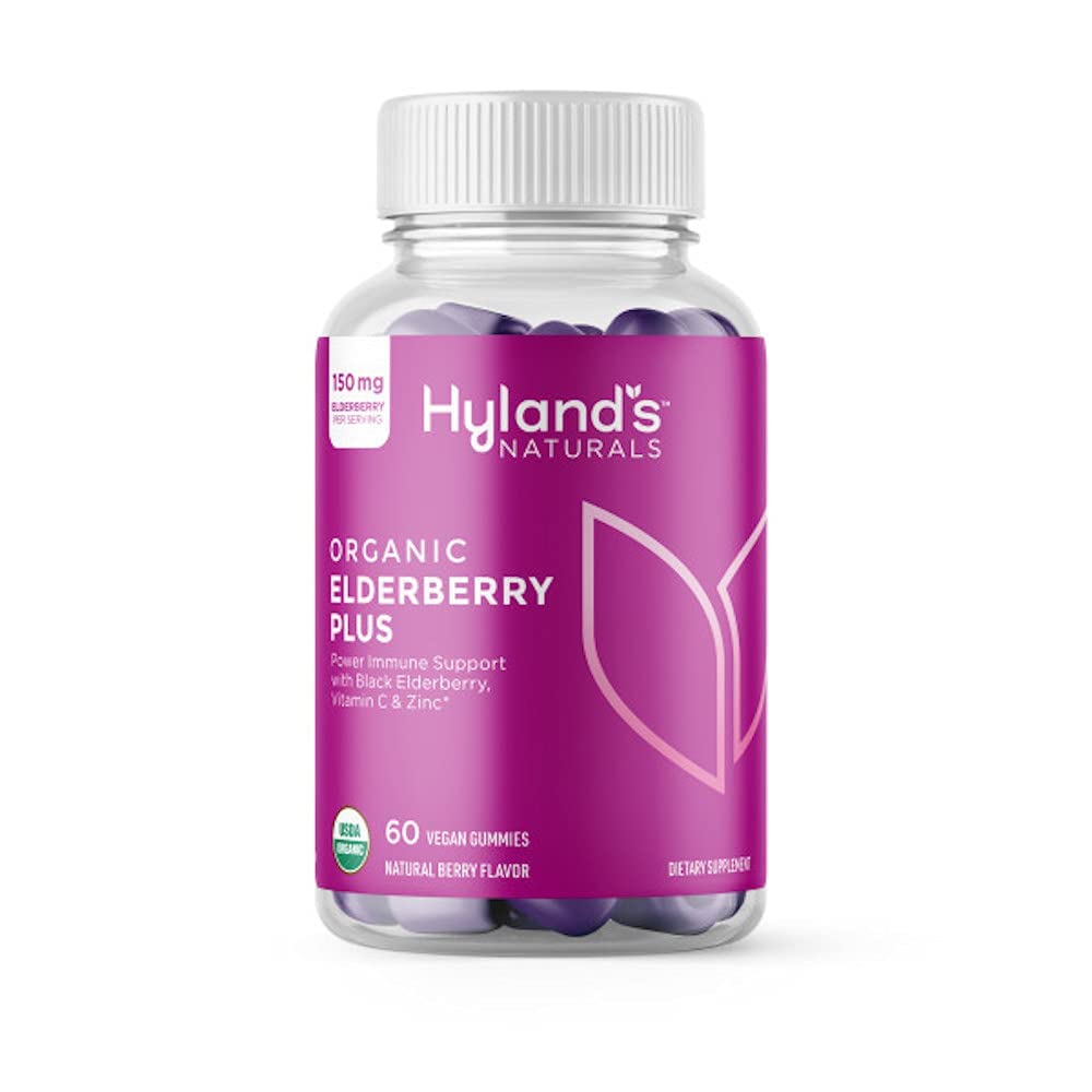 Hyland 's Organic Elderberry Plus Gummies, Organic Black Elderberry z ZINC i witaminy C, Suplement immunologiczny dla dorosłych, 60 Wegan Gummies (30 Dni)