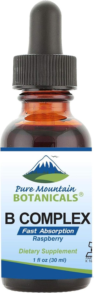 Pure Mountain Botanicals Liquid Witamina B Complex - Malina Flavor Kosher B Complex Witamina z B12, B6, Tiamin, Biotin, Niacyna - 1oz Butelka