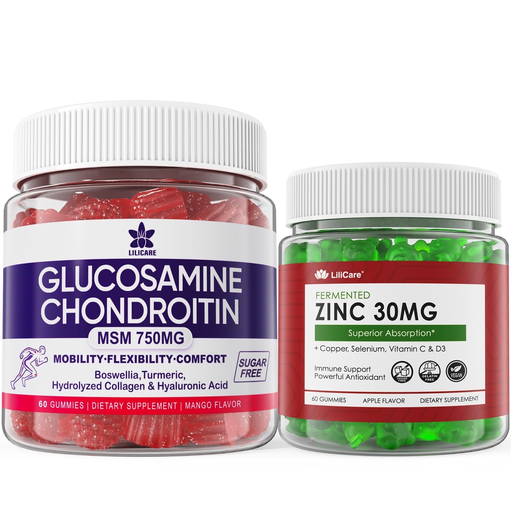 Bezcukrowe Gumiaki cynku 2 Pack + Glukozamina Gumiaki Chondroitin 2 Pack