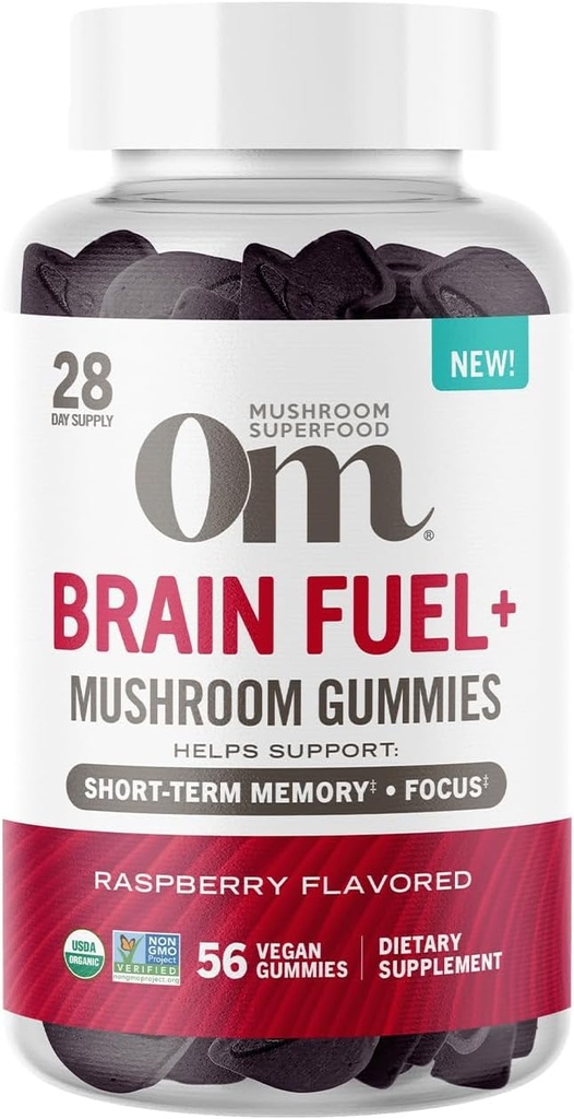 Om Mushroom Superfood Paliwo Mózgu + Gummies, 28 Służenia, Malina Gummy Suplement z grzywą Lwa dla pamięci i ostrości