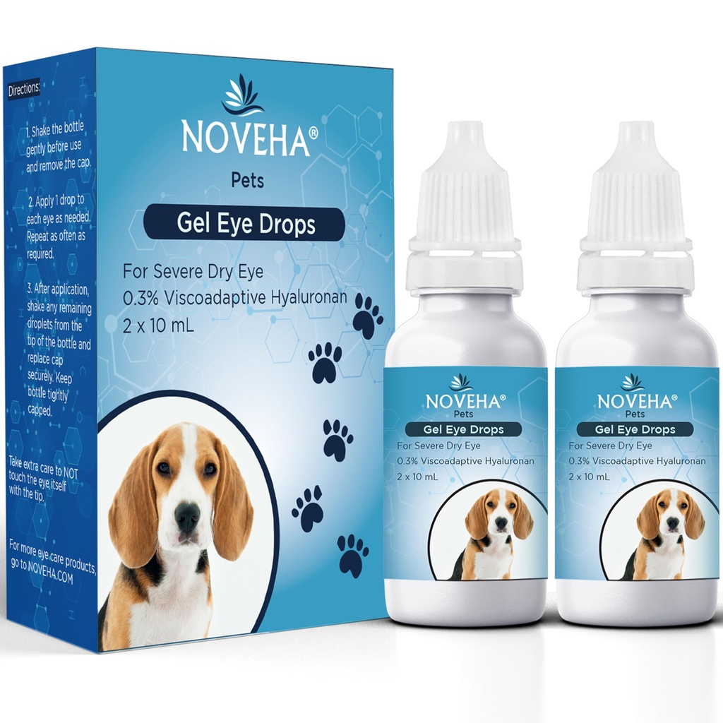 NOVEHA Pet Gel Eye Drops z 0, 3% Viskoadaptative Hyaluronan 124; Roztwór do oczu dla ciężkich suchych oczu - długotrwałe nawodnienie, zmniejsza uciążliwość, Obrzęk i suchość - Lubryka do oczu dla psów i kotów (2x10ml)