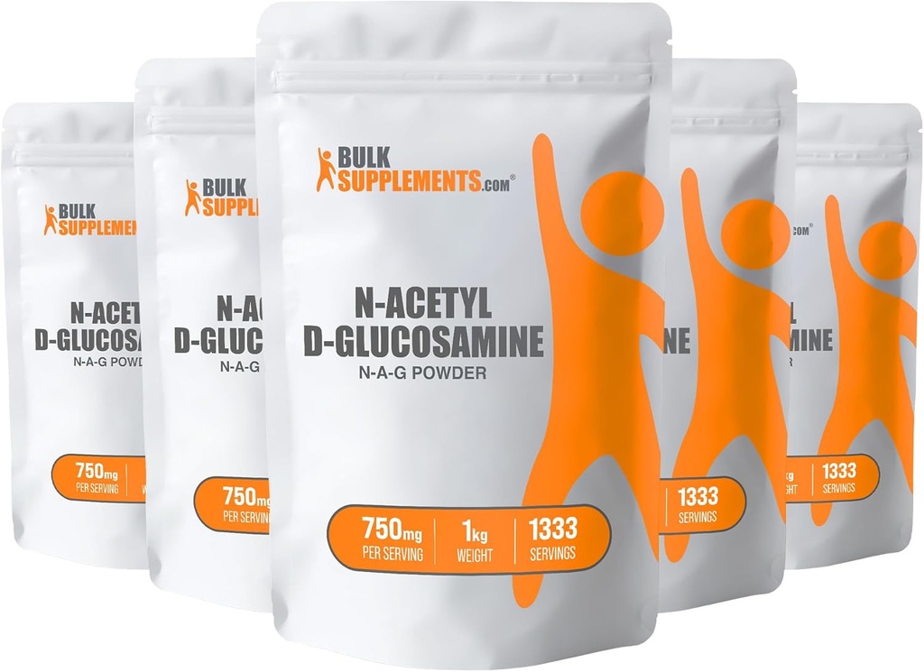 BulkSupplements.com N- Acetylo Glukozamina Proszek - NAG Proszek, Glukozamina 750mg, Glukozamina Suplement - Glukozamina Proszek, Gluten wolny, 750mg na jedną porcję, 5kg (11 funtów) (Opakowanie 5)