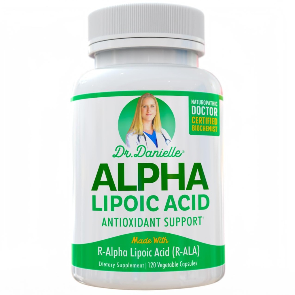 Kwas alfa- lipoinowy przez dr Danielle, Neuropathy Support, Non-GMO, Gluten- Free, Wegan, Soy- Free, Promotes Healthy Blood Sugar, Alpha R Kwas lipoinowy R- ALA, R- ALA, 120 Czapki Veggie