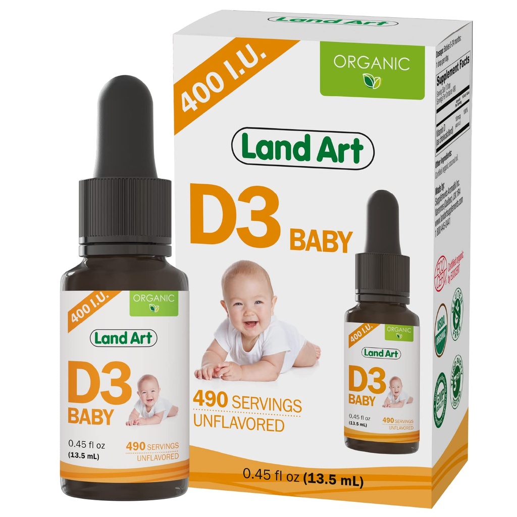 Land Art - Certified Organic Vitamina D3 Drops Baby - 400 j.m. za kroplę - 490 Służenia - Wspiera rozwój kości i zębów - Witamina D Dropy dla niemowląt i dzieci - GMO- Free Gluten- Free - 0,45 fl oz