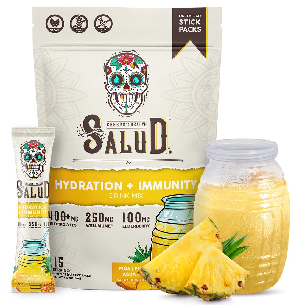 Salud 2- in-1 Pakiety nawadniające + Immunitet Electrolytes Powder, Ananas - Agua Fresca Drink Mix, Elderberry, Dairy & Soy Free, Non-GMO, Gluten Free, Wegan, Low Calorie, 1 g Sugar (15 Servings)