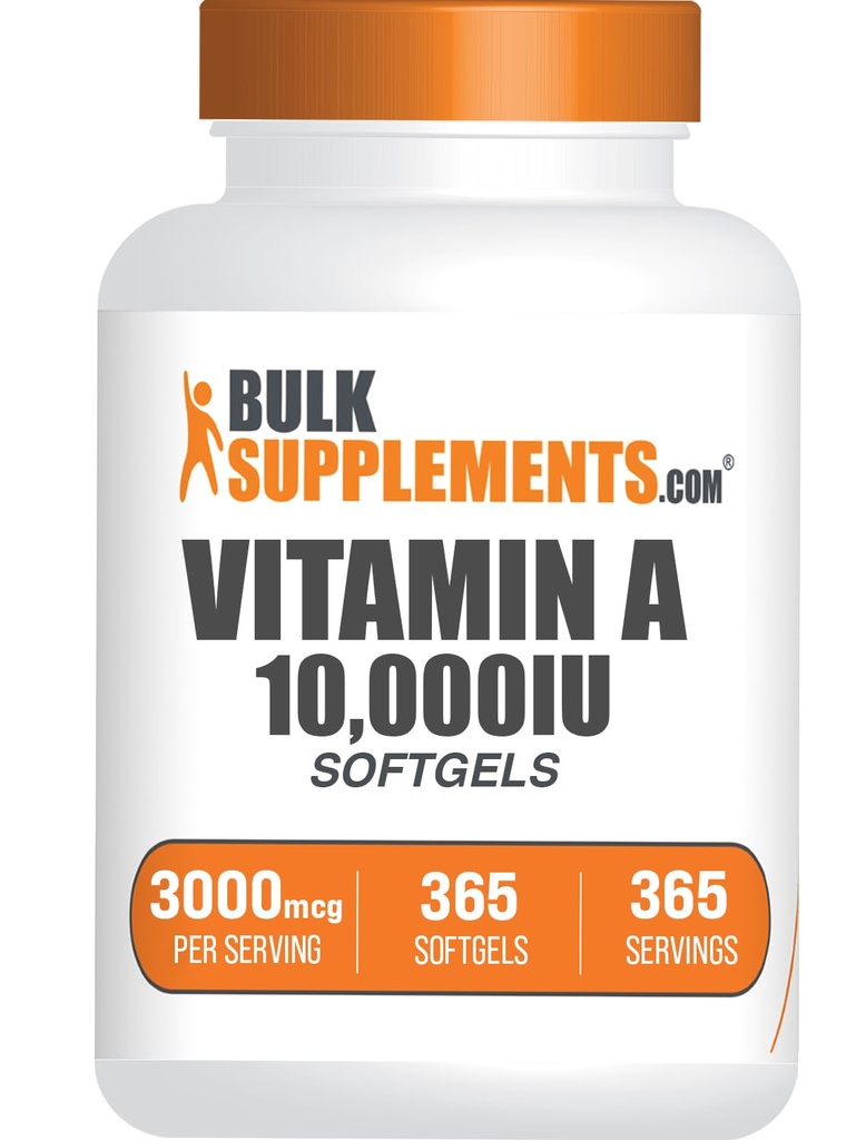 BulkSupplements.com Witamina A 10000 IU Softgels - jako Retinyl Palmitate, witamina A Suplement - dla Eye & Immune Support, Gluten Free, 1 Softgel per Serving, 365 Count (Pack of 1)