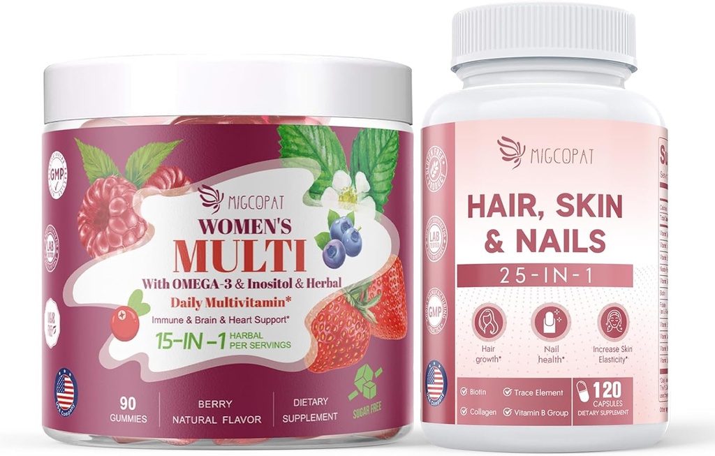 Kobiety Multivitamin Gummies & Hair, skóry i paznokci Suplement Bundle, Wsparcie mózgu i serca, Gut & trawienie, Wzrost włosów, Zdrowie skóry, Nail Siła