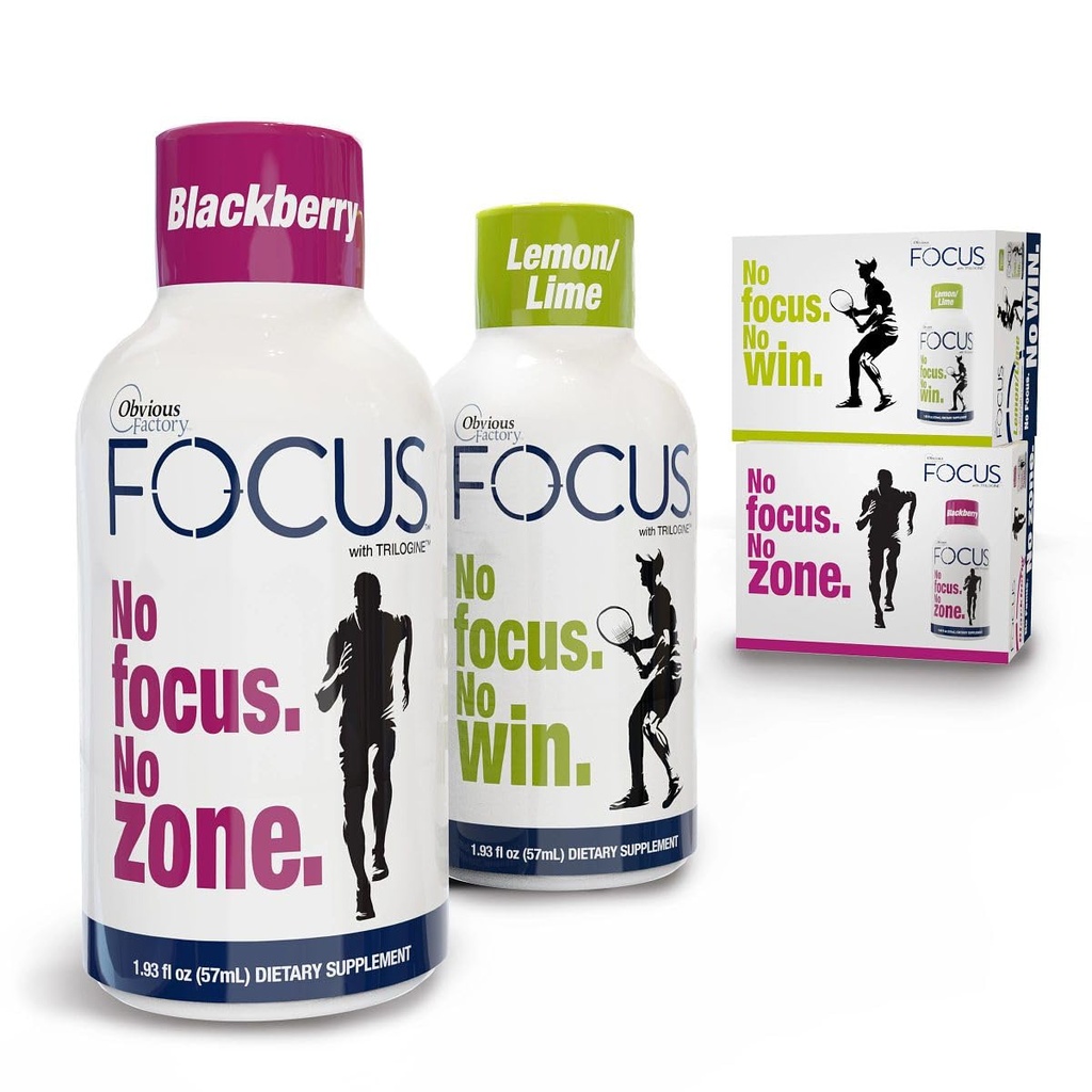 Focus Shots z Trilogine, Stay Sharp, Zero Sugar Energy Boost, Variety Pack, 24 Count (1.93 fl oz), Blackberry, Lemon Lime Flavors