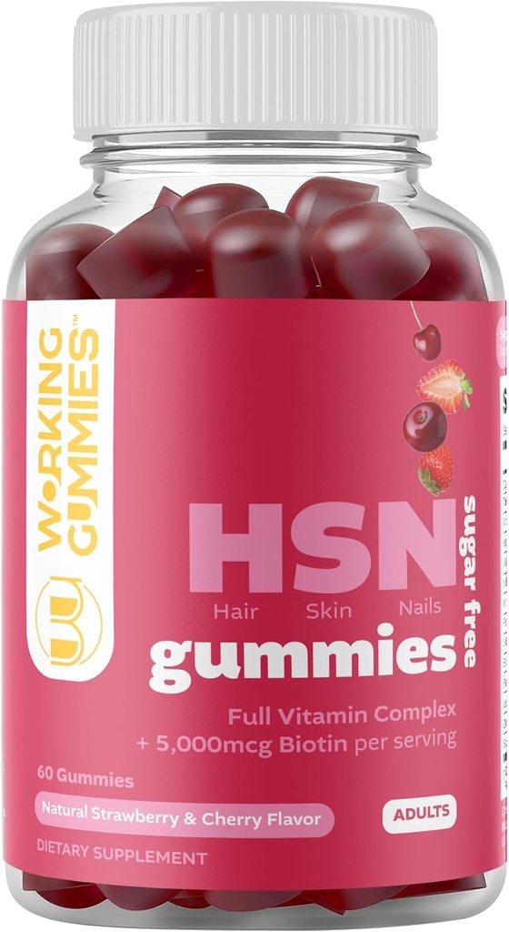 Gumie HSN - Gummie ze Skóry Włosów i paznokci - Gumie bez cukru Gummies Biotin 5000mcg z pełnym kompleksem witaminy do wzrostu włosów, Zdrowa skóra, Siła paznokci - 60 Ct truskawka & Cherry Flavor