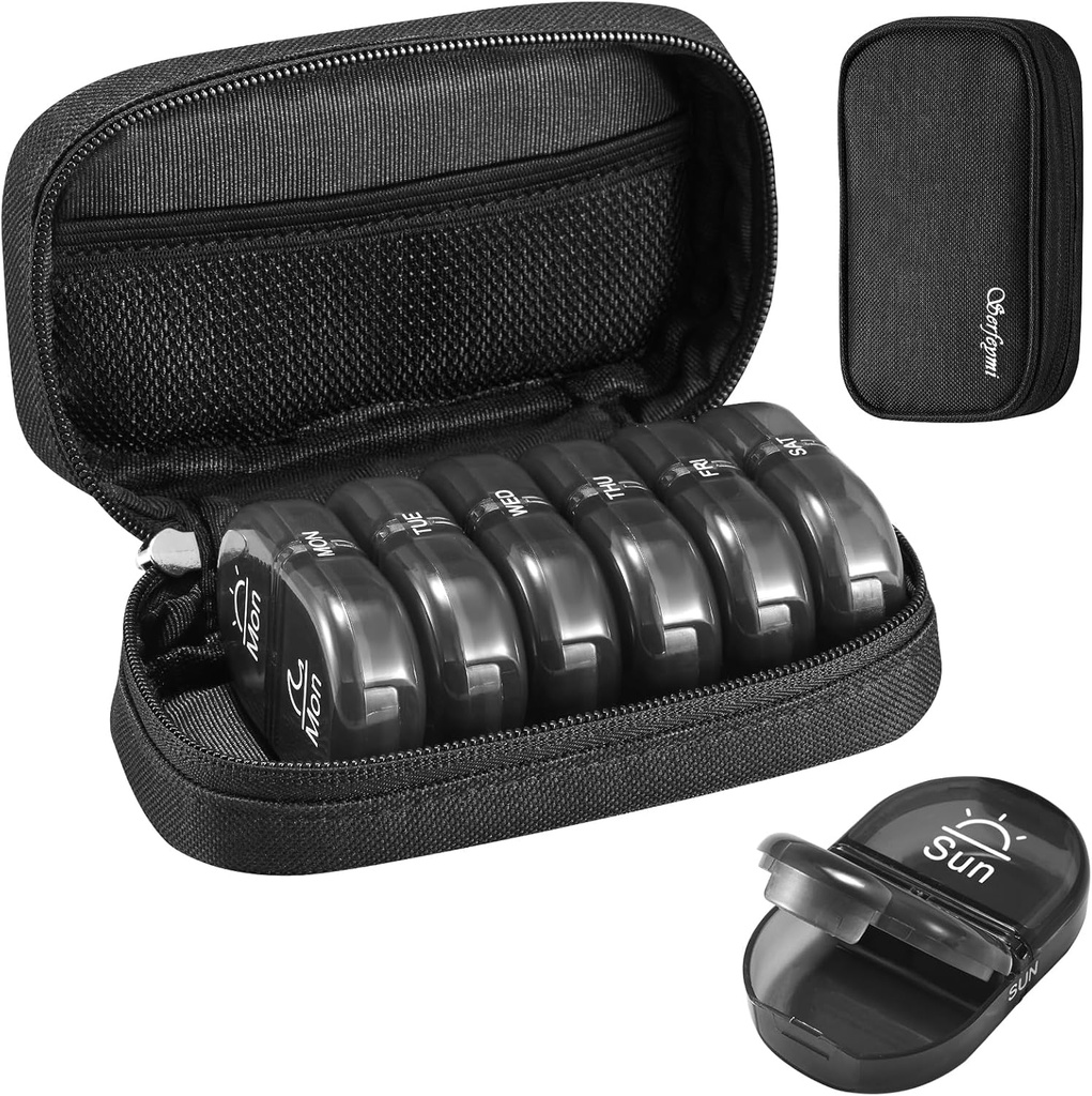 Serfeymi Cotygodniowy Travel Pill Organizator 2 razy w ciągu dnia PM Zmodernizowany Black Pill Box 7 Dzień z Portable Zipper Canvas Pill Case, Medicine Organizer for Pills, Witaminy, Suplementy, Oleje rybne - Czarny 01